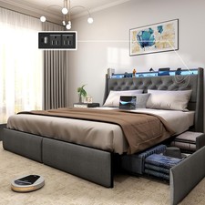 King Queen Full Size Bed Frame with Drawers & Charging & Headboard ＆ LED Lights Bed Frame price