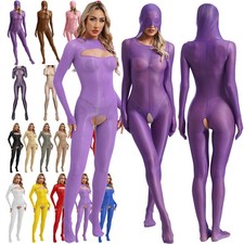 US~ Womens Oily Glossy Sheer Bodystocking Bodysuit Crotchless Catsuit Jumpsuit Women's Bodysuit price