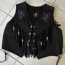 TRD Leathers Women’s 2XL Black Leather Fringe Biker Vest Snap Front Pockets Men's Vest price