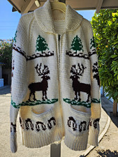 Men's White Chunky-Knit Full Zip Collared Sweater Deer Tree Graphic XL Men's Cardigans price