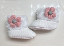 White Knit Baby Booties with Pink Flower Accents & Non-Slip Soles Baby Booties price