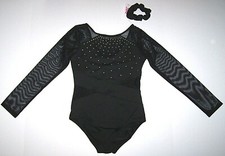 Justice Leotard Bodysuit Rhinestones Poly & Sheer Long Sleeve LS Black New Girl Girls' Bodysuit price