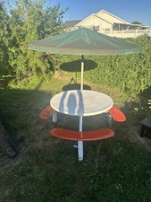 Vintage Commercial Restaurant Patio Table with Starburst Umbrella– Fixed Seating Cafe & Canteen Table Set price