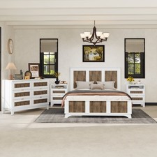 Queen White Farmhouse Bedroom Set w/ 4 Pcs - Platform Bed, Dresser & Nightstand Bedroom Set price