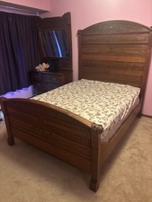 Antique Hand Carved Dark Wood Bed Frame + 3-Drawer Dresser w/ Mirror Bedroom Set price