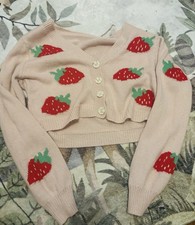 Girls XS Pink Knit Strawberry Button-Front Cardigan Sweater Long Sleeve V-Neck Girls' Cardigan price