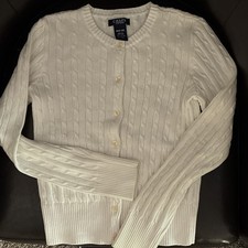 Chaps Girls White Cable Knit Cardigan Sweater 100% Cotton Button Front M 8-10 Girls' Cardigan price