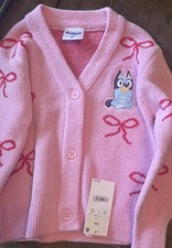 Bluey Girls Pink Knit Cotton Button V-Neck Cardigan Sweater 18M Bow Print Girls' Cardigan price