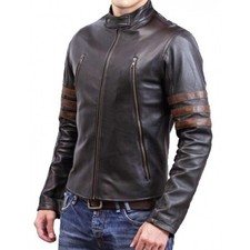 MEN'S BLACK GENUINE LAMBSKIN LEATHER MOTORCYCLE JACKET BROWN RACING STRIPE Men's Raincoat price