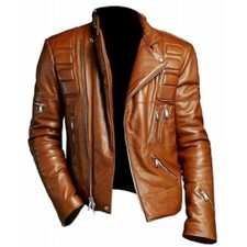 MEN'S TAN GENUINE LEATHER BIKER JACKET VINTAGE CAFE RACER MOTO COAT Men's Raincoat price