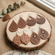 Boho Floral Teardrop Wooden Earrings 4 Pairs Laser Cut Filigree Dangle Set Costume Earrings price