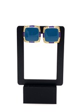 Vintage Blue Enamel Square Clip-On Earrings Gold Tone Purple Accents Rhinestone Costume Earrings price