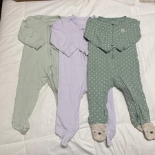 Carters Baby Girls 9M Sleep & Play PJ Lot of 3 Zips Hearts Bunny Green Purple Baby Pajamas price