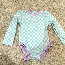 Caden Lane Girls 3T Checkered Mint/White/Purple Long Sleeve Ruffle Half Zip 1pc Baby Swimsuit price