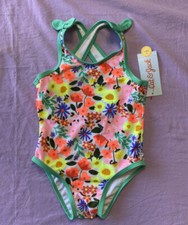 Cat & Jack Baby Girl 1 Piece Neon Flowers Swimsuit Crossed Strap Bow Multicolor Baby Swimsuit price
