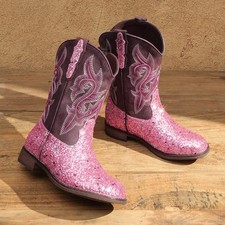 Kids Western Boots Girls Cowboy Boots Round Toe Pull On Glitter Mid Calf Boots Girls' Boots price