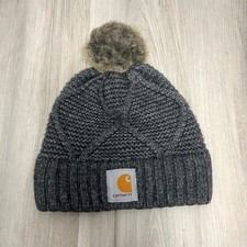Carhartt Beanie Hat Women's OS Grey Wool Blend Cable Knit Faux Fur Pom Women's Beanie price