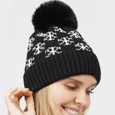 L.I.B. New York Women Winter Beanie Hat Black Snowflake Knit Fleece Lined Pom Women's Beanie price