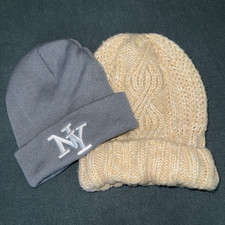 Lot 2 Women’s Knit Beanies Gray NY Logo Beige Cable Stretch and Free People Women's Beanie price