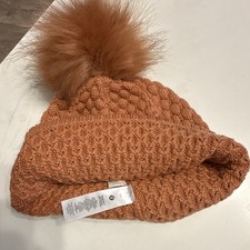 Women's Brown Knit Beanie Hat Faux Fur Pom Pom Ribbed Cuff Acrylic One Size Women's Beanie price