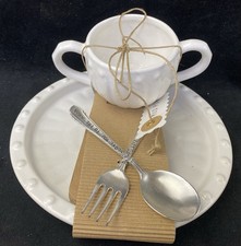 Mud Pie Baby Feeding Set Cup Plate Spoon Fork White Silver NOS 2013 Feeding Set price