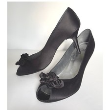 Stuart Weitzman Black Satin Peep Toe Heels Evening Dress Shoes 10.5M Evening Shoes price