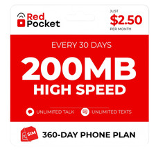 $2.50/Mo RedPocket Prepaid Wireless Phone Plan+Kit: UNLIMITED Talk /Text + 200MB Phone price