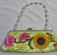 READ! Vintage 90s Lime Green Satin Floral Embroidery Beaded Kiss-Lock Handbag Evening Bag price