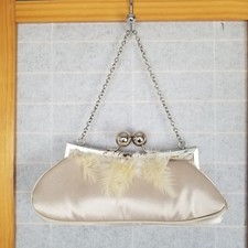 Ivory Satin Evening Bag Kiss Lock Feather Detail Chain Strap Mini Crescent Purse Evening Bag price