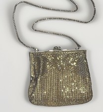 Vintage Gold Beaded Evening Bag Purse Clutch 18” Shoulder Strap Kiss Lock 6x5 Evening Bag price