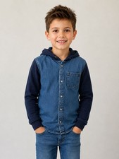 H&M Boys Hooded Denim Shirt Jacket Size 7-8Y Blue Snap Front Cotton Boys' Jacket price