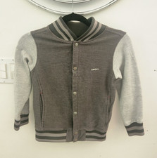 DKNY Boys Gray Varsity Jacket Snap Front Cotton Blend Logo Striped Size 7 Boys' Jacket price