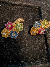 Vintage Gold-Tone Vibrant Colorful Floral Rhinestones Clip-On Earrings Colored Stone Earrings price
