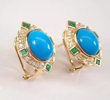 Natural Turquoise 4.0Ct Oval Cut Halo Earrings Omega Clip 14K Yellow Gold Plated Colored Stone Earrings price