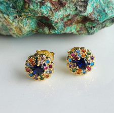 925 Sterling Silver Multi-Color Sapphire Stud 8.5mm Earrings Yellow Gold-plated Colored Stone Earrings price