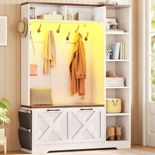Hall Tree with Shoe Storage, Farmhouse Entryway Bench w/Flip Drawers &Led Lights Hall Tree price