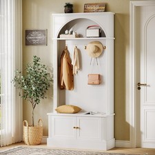 Hall Tree with Bench and Shoe Storage,White Modern Entryway Bench with Coat Rack Hall Tree price