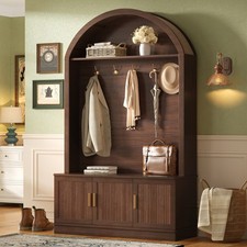 Farmhouse Arched Top Hall Tree with 5 Hooks, Bench & Fluted Doors, Walnut Hall Tree price