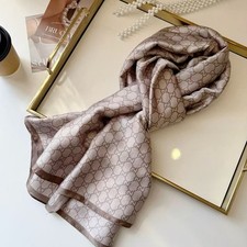 GUCCI SCARF SHAWL AUTHENTIC 100% SILK BEIGE CAMEL LIGHT WEIGHT CLASSIC GG LOGO Women's Scarf price