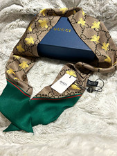 Gucci New Beige Green Red GG Logo Bee Silk Satin Neck Scarf Women’s Women's Scarf price