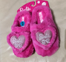 Barbie Girls Pink Faux Fur Slip-On Slippers Heart Patch Glitter Embroidered Sz 2 Girls' Slippers price