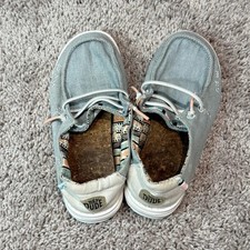 Hey Dude Wendy Youth Boho Light Blue Washed Canvas Slip On Shoes Size Y1 Girls' Slippers price