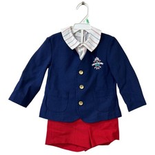 Michael James Vtg Boys 2T 3 Piece Outfit Blazer, Shirt & Romper Shorts Patriotic Baby Shirt price