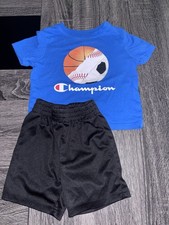 Champion Toddler Boys 2T Blue Sports Graphic T-Shirt & Black Athletic Shorts Set Baby Shirt price