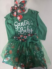 Santa Baby Bodysuit Skirt Headband Outfit 3-6 Mons Green Snowman Ruffle Bow Mesh Baby Skirt price