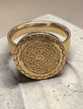 Gold Tone Engraved Round Face Signet Ring, No Stone, Gold Color Colored Stone Ring price