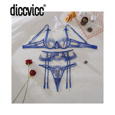 Blue Bowknot Lingerie Sheer Mesh Lace Bra Set See through Garter Belt Underwear Women's Underwear Set price