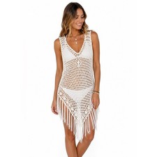 Handmade White Crochet Fringe Swim Cover Up Boho Festival Vest Beach One Size Scarf price