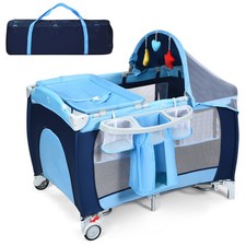 Folding Baby Crib Playpen Travel Infant Bassinet Bed Outing Net Music w/Bag Blue Playpen Bed price