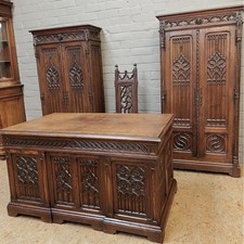Antique French Gothic OakWood Executive Office Desk Set Chair Pair of Bookcases Executive Furniture Set price